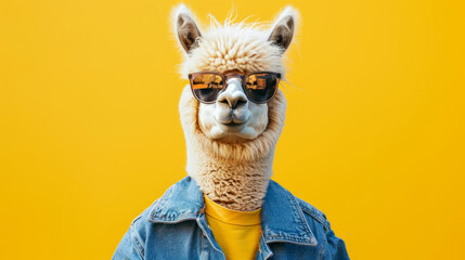 A fashionable alpaca with a denim jacket and sunglasses, exuding charm and charisma against a sunny yellow background. , full depth of field in focus,
