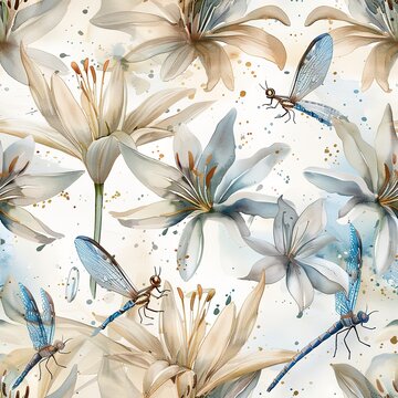 Watercolor dragonflies and lilies, seamless pattern, light and serene. Seamless pattern, Fabric Pattern, Tumbler Wrap, Mug Wrap.