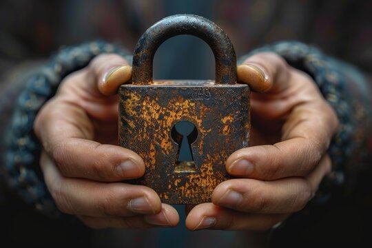 Close-up image focusing on rusty texture of an old padlock securely held in hands represents safety, security, and privacy