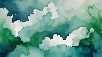 Fotobehang blue green and white watercolor background with abstract cloudy sky concept with color splash design and fringe bleed stains and blobs   © Mariana
