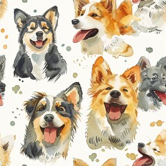 Playful watercolor dogs, seamless pattern, friendly and joyful . Seamless pattern, Fabric Pattern, Tumbler Wrap, Mug Wrap.