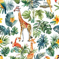 Watercolor jungle animals, seamless tropical pattern, wild and adventurous. Seamless pattern, Fabric Pattern, Tumbler Wrap, Mug Wrap.