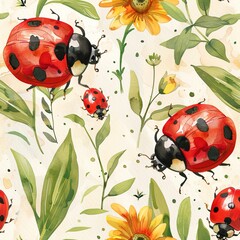Light watercolor ladybugs, seamless garden pattern, cute and lucky. Seamless pattern, Fabric Pattern, Tumbler Wrap, Mug Wrap.