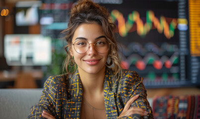 Cute young woman looks really happy and is sitting in a luxury chair, background is full of trading charts.