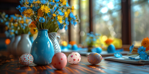 A image of a beautifully set Easter brunch table with colorful small Easter eggs scattered among blue flower centerpieces, creating a cheerful and inviting atmosphere