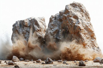 A dramatic moment as a large rocky outcrop undergoes controlled explosive demolition against a clear sky