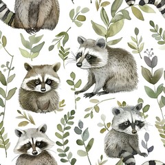 Obraz premium Playful watercolor raccoons, seamless forest pattern, curious and mischievous. Seamless pattern, Fabric Pattern, Tumbler Wrap, Mug Wrap.