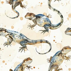 Naklejka premium Light watercolor lizards, seamless desert pattern, cool and camouflaged. Seamless pattern, Fabric Pattern, Tumbler Wrap, Mug Wrap.