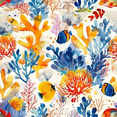 Watercolor coral and fish, seamless reef pattern, underwater beauty and harmony. Seamless pattern, Fabric Pattern, Tumbler Wrap, Mug Wrap.