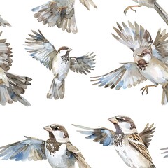 Fototapeta premium Light watercolor sparrows, seamless sky pattern, small and free. Seamless pattern, Fabric Pattern, Tumbler Wrap, Mug Wrap.