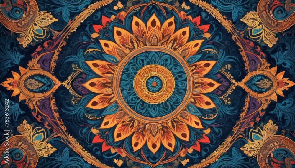 Poster exquisite digital artwork featuring a complex mandala pattern with rich, ornate details and a harmon