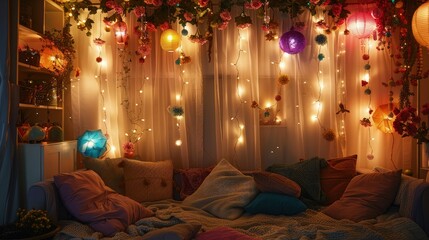 Obraz premium Floor pillows and decorative lanterns are arranged against sheer curtains with glowing string lights for a celebratory event backdrop or interior styling.