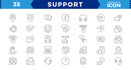 Customer Service and Support - Outline Icon Collection. Thin Line Set contains such Icons as Online Help, Helpdesk, Quick Response,simple symbols collection. Vector line icons Feedback and more.