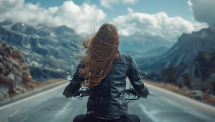 Woman riding motorcycle down road