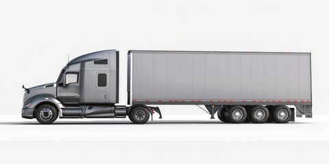 A side view of a contemporary semi-truck with a blank trailer on a seamless white background.