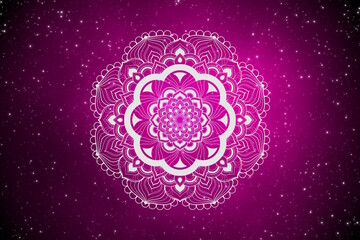Floral mandala and the galaxy with beautiful stars field on background.