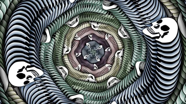 Seamless animation psychedelic skull cartoon style cartoon with circular echo effect. Hypnotic Halloween background with marker stroke effect.