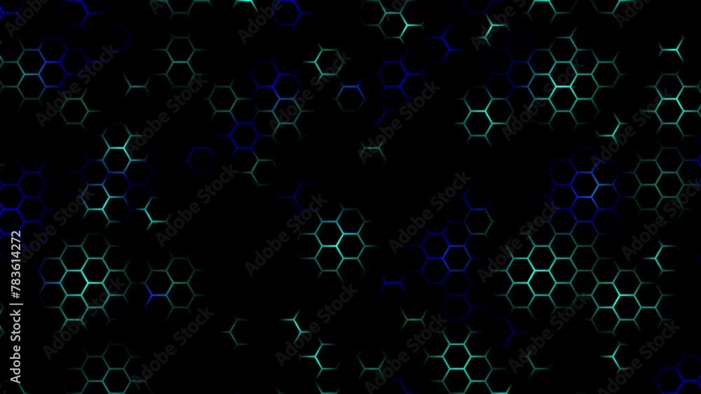 Poster glowing blue rays moving lines animation abstract on dark hexagon texture background