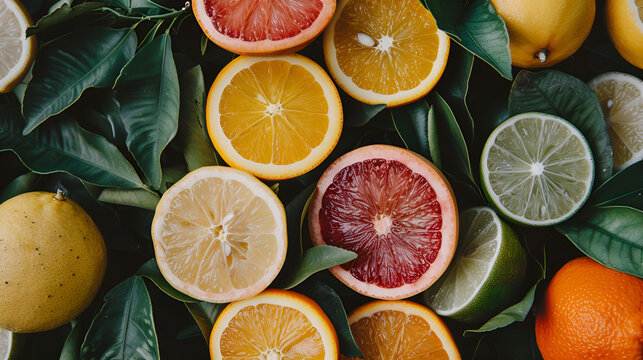 Citrus fruit background with sliced f oranges lemons lime tangerines and grapefruit as a symbol of healthy eating and immune system boost with natural vitamin,Sliced and whole citrus fruits with leav,