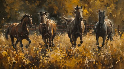 An exquisite oil painting that combines elements of realism and abstraction, showcasing graceful horses frolicking amidst a field of golden flowers.

