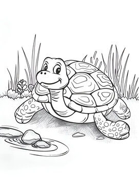 Turtle,  cute cartoon pictures, Cartoon line drawings for coloring for kids ages, young children.