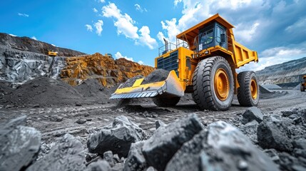 yellow grader in construction site at coal mine. generative ai