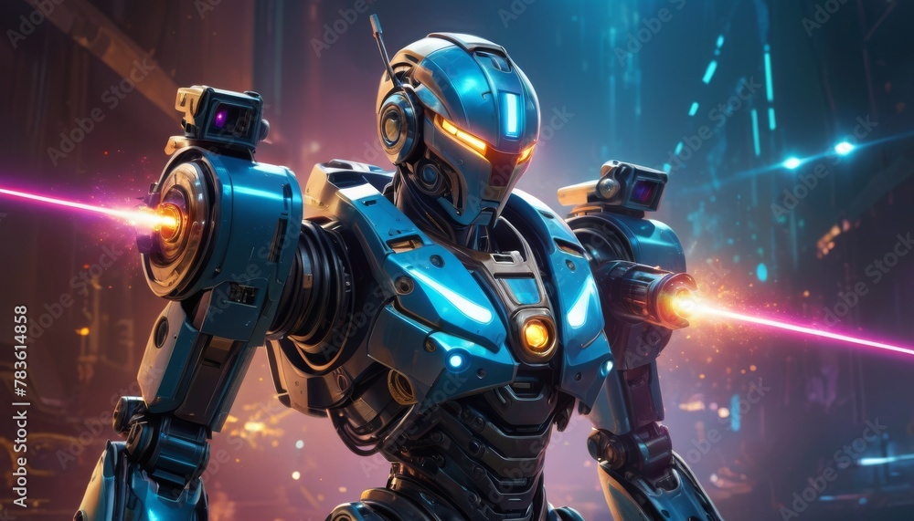 Poster a dynamic illustration of a futuristic combat robot with glowing blue lights, firing laser weapons i