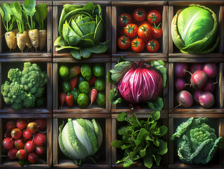 Cageots de légumes frais et bio du maraîchers prêts pour le marché : la récolte, 3D - obrazy, fototapety, plakaty