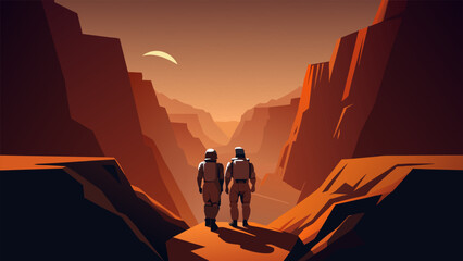 A pair of astronauts stand at the edge of a deep canyon peering down at the reddishbrown walls that descend into darkness. In the distance