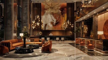 A panoramic view capturing the lobby's opulent furnishings and modern decor. - obrazy, fototapety, plakaty
