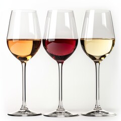 A trio of wine glasses, each with a different type of wine - white, red, and rose, against a white background symbolizing variety and a taste for fine wine.