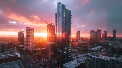 Fototapeta premium construction side of building tower in the city with sunrise sky. generative ai