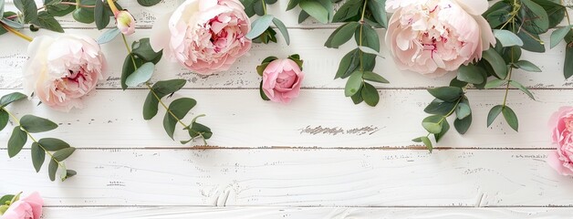 peony flowers and eucalyptus leaves arranged on a clean white wooden background, with top-down perspective and ample copy space for versatile usage.