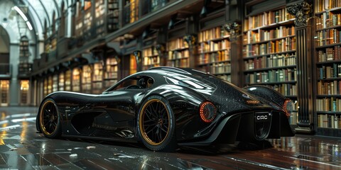 Glossy black sports car speeding through an endless library with books for walls 