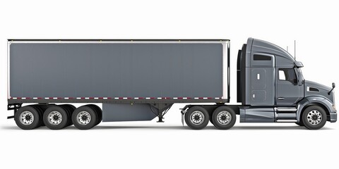 A sleek semi truck with a large cargo trailer isolated on a white background, highlighting transportation industry themes.