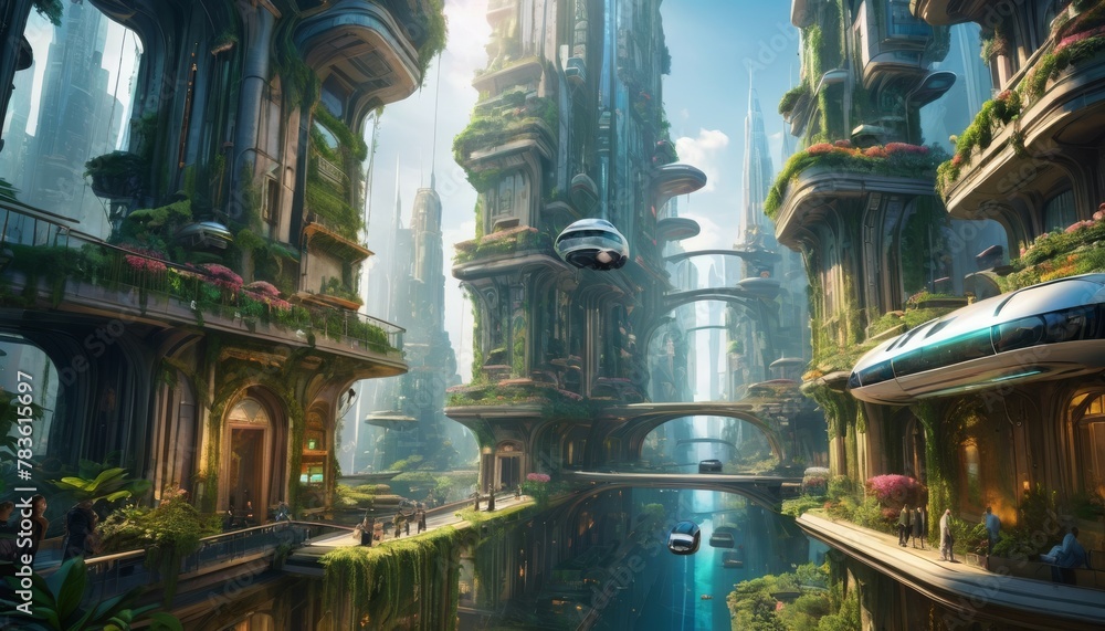 Poster an imaginative portrayal of a utopian future cityscape with lush greenery and advanced flying vehicl