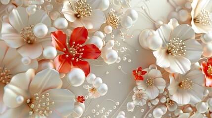 Abstract background with white pearls and flowers in red
