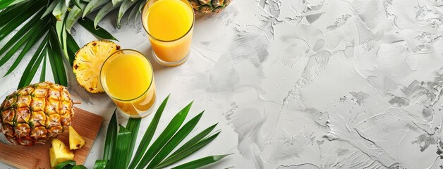 pineapple juice served in a glass and bottle, set against a white concrete background adorned with...
