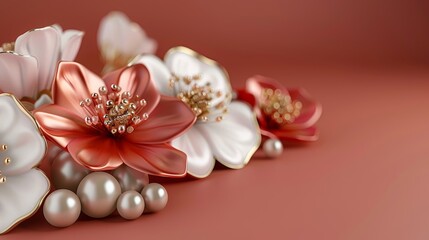 Abstract background with pearls and flowers in red