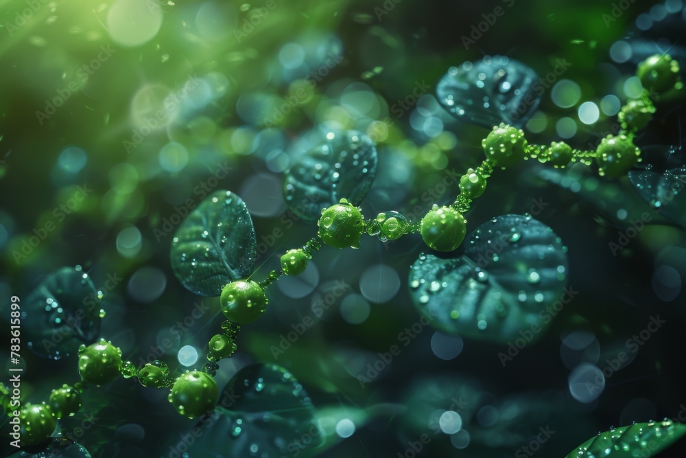 Poster a close-up of fresh green leaves with sparkling dew drops illuminated by a dreamy bokeh background