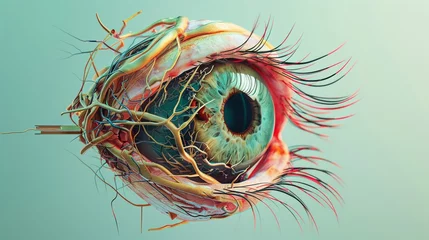 Fotobehang 3D rendering of an eye, dissected to show intricate internal anatomy, presented against a clean, solid color backdrop © Jenjira