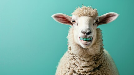 A cheerful sheep with vibrant braces smiling widely, set against a soft solid color background, perfect for dental ads - obrazy, fototapety, plakaty