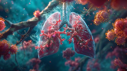 A microscopic battlefield TB bacteria invading lungs, with a highlight on the cure process A vivid reminder that curing is prevention - obrazy, fototapety, plakaty