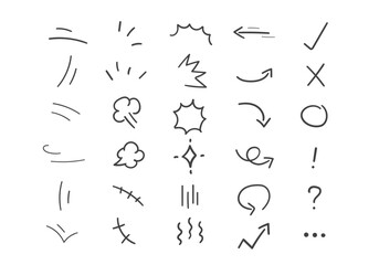 Vector set of hand-drawn cartoony expression sign doodle line stroke.