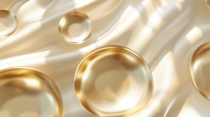 Glittering gold circles casting lite shadows on a white abstract luxury background, radiant and shiny