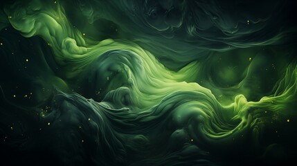Dark abstract background. Flow of green paint with bubbles and lumps. Dark green liquid, abstract 3D background. AI generative