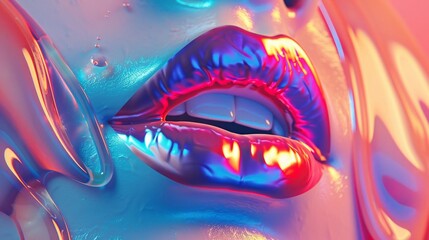 Stunning 3D visual of glossy lips melting down in vibrant hues, set against a contrasting solid color background - obrazy, fototapety, plakaty