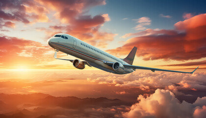 Fototapeta na wymiar Airplane over the sky and red sunset flying in an epic way