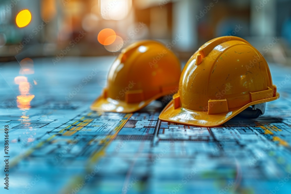 Poster safety helmets rest on detailed architectural blueprints with blurred workshop background