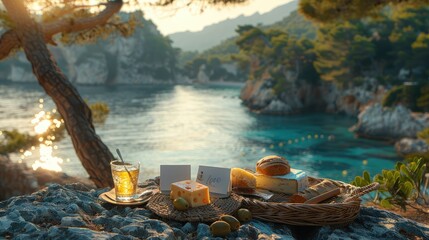 a Mediterranean summer picnic with a stunning photograph showcasing a straw bag adorned with pita bread, olive oil, and a white card, nestled on the rocky shores of an island under the warm sun.